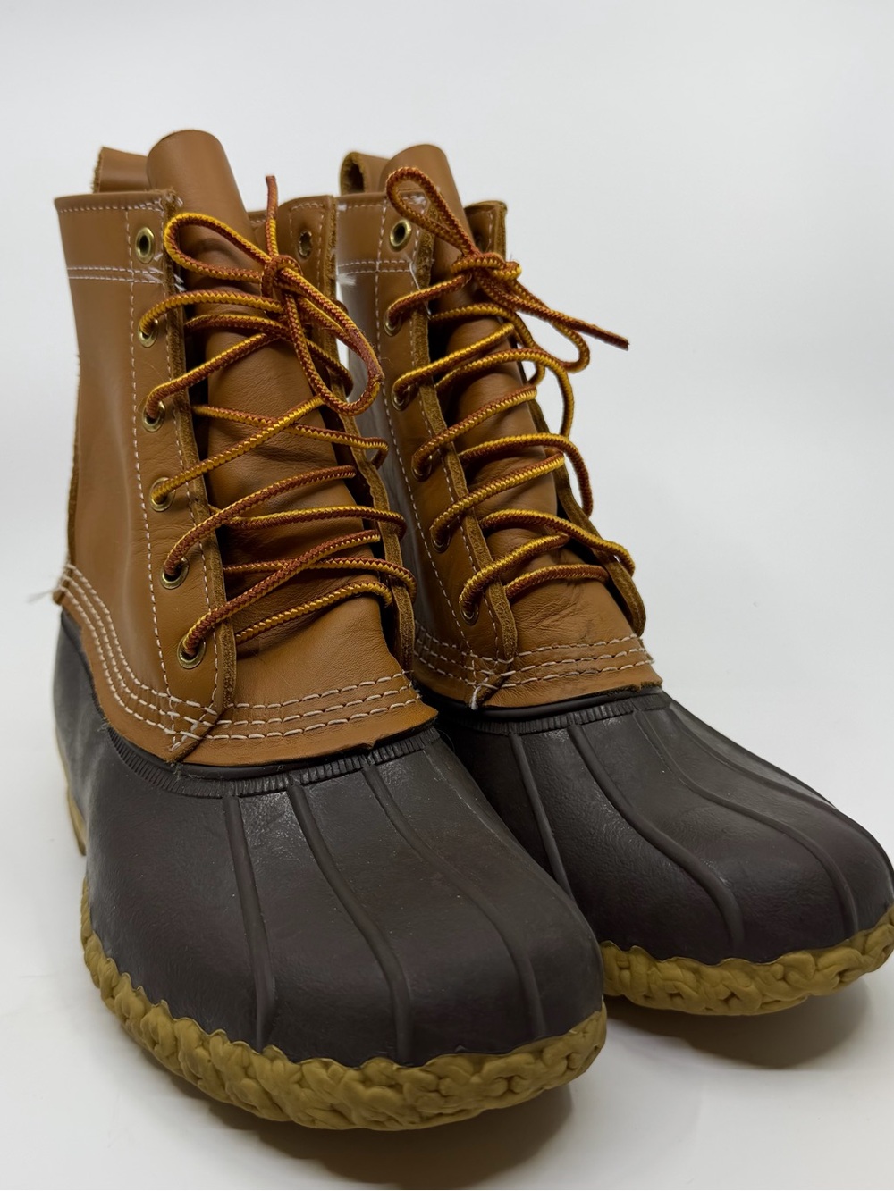 L.L. Bean 8 inch Bean Boots Brown Leather Duck Boots Made in Maine Chain Tread